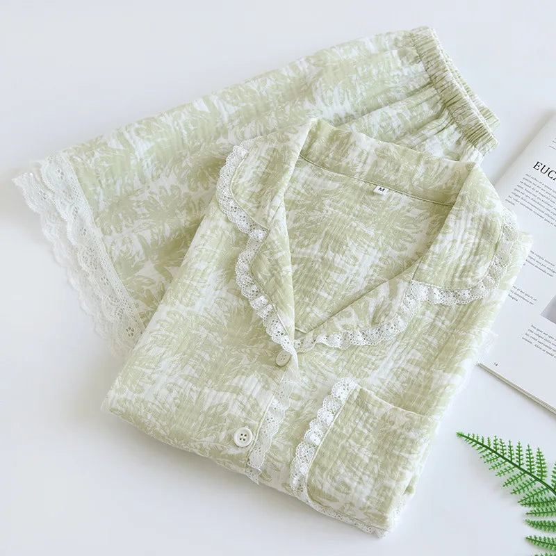 Cotton Pajama Set – Green Print, Short Sleeve & Shorts