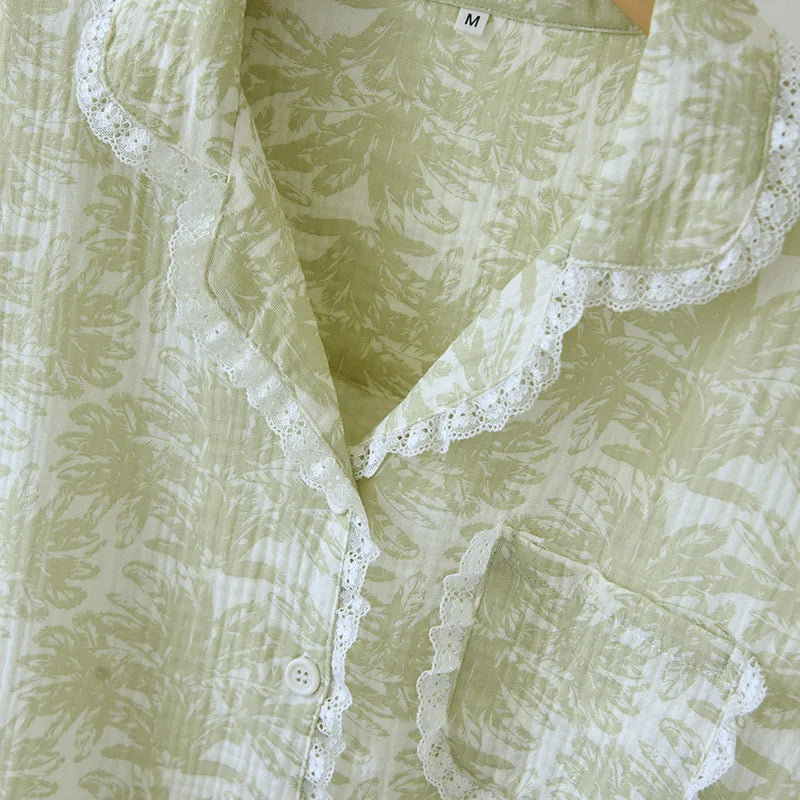 Cotton Pajama Set – Green Print, Short Sleeve & Shorts