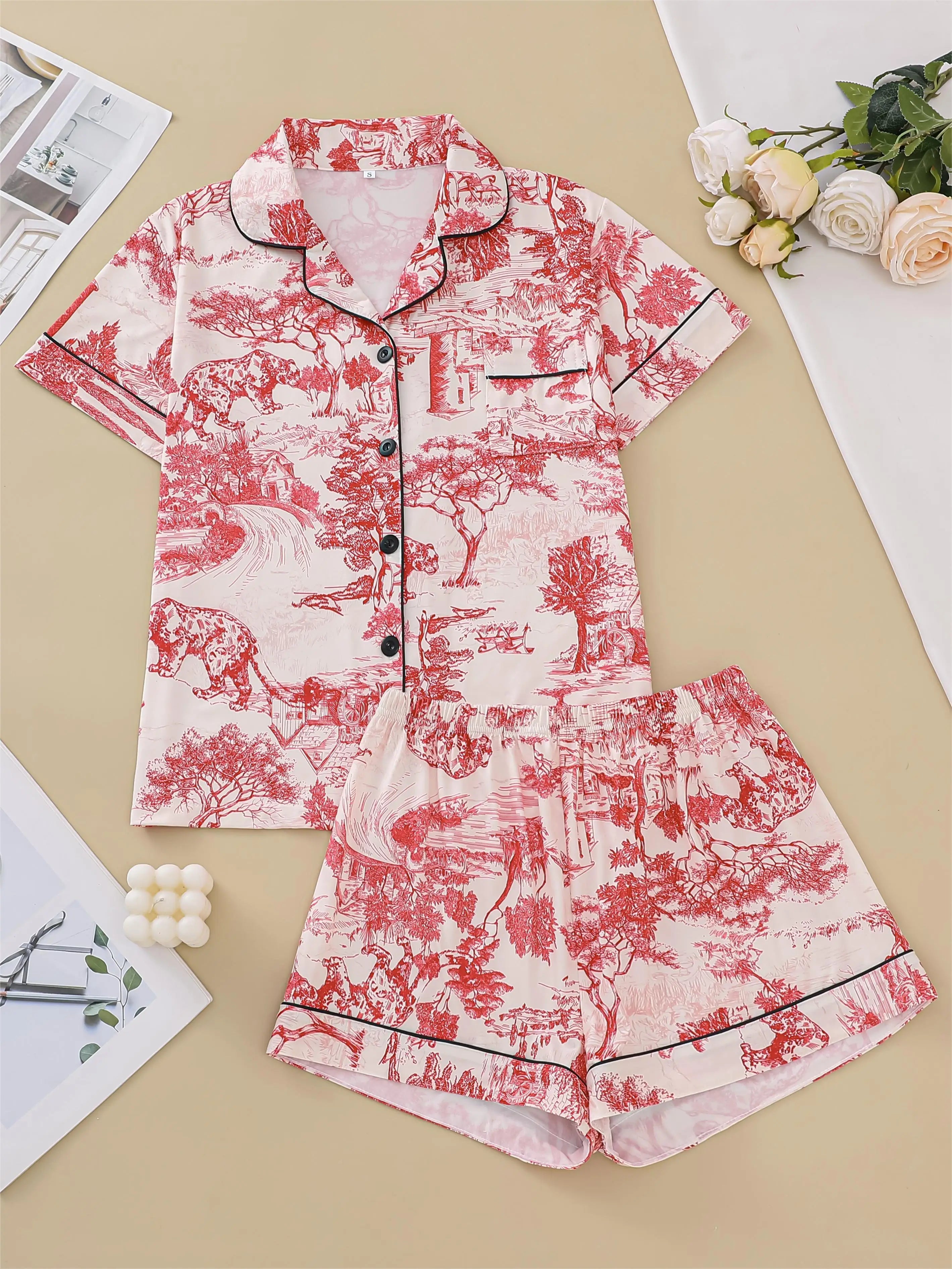 Polyester Pajama Set – Printed, Short Sleeve & Shorts