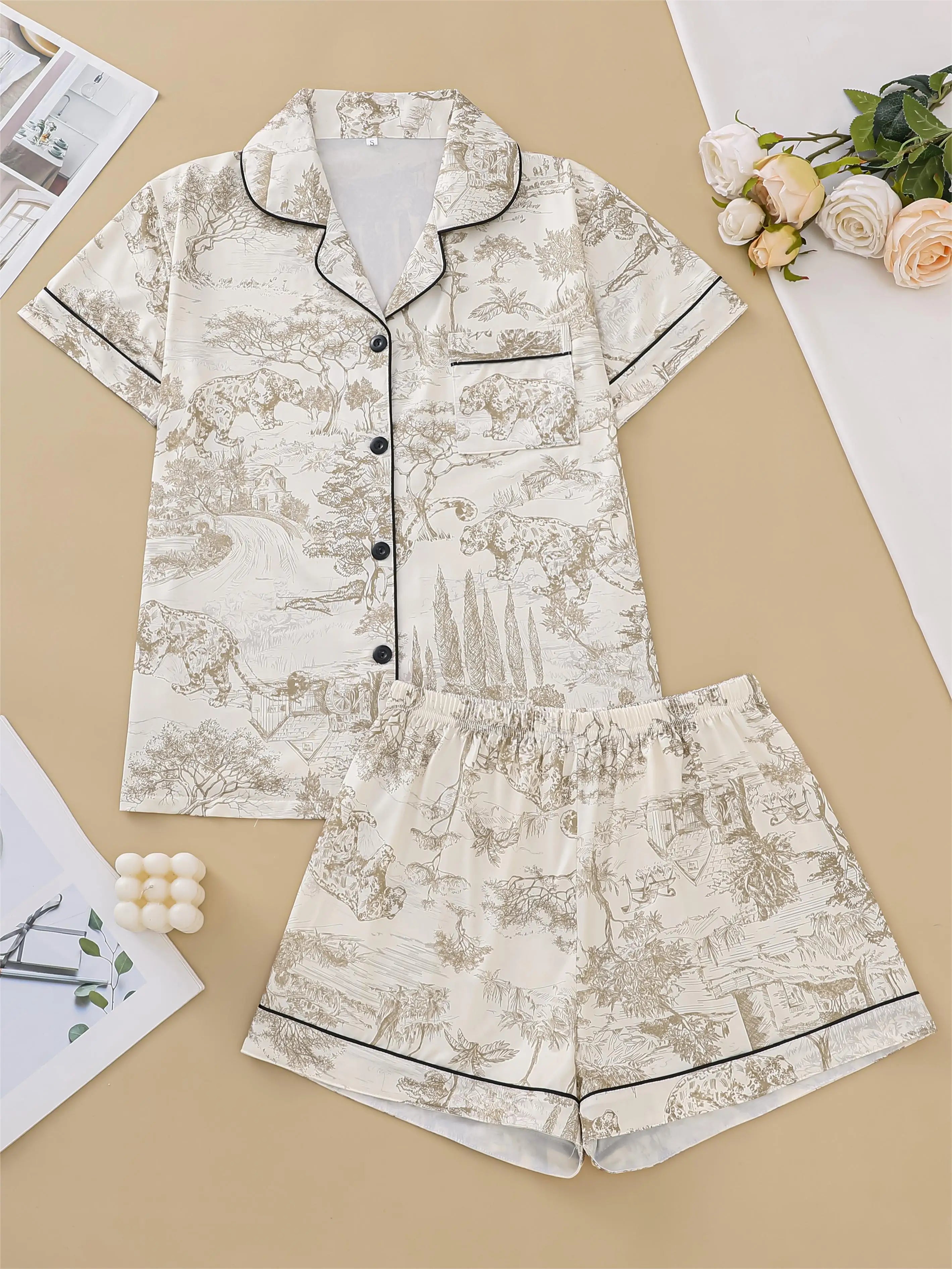 Polyester Pajama Set – Printed, Short Sleeve & Shorts