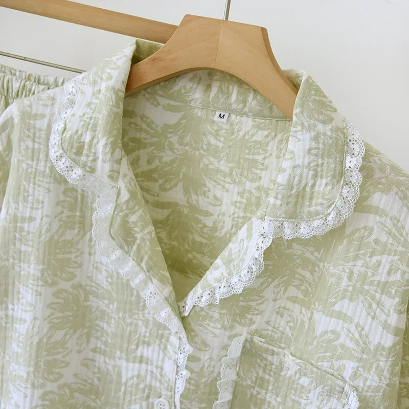 Cotton Pajama Set – Green Print, Short Sleeve & Shorts
