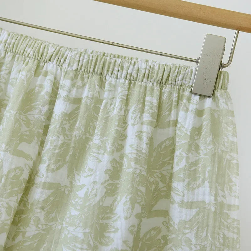 Cotton Pajama Set – Green Print, Short Sleeve & Shorts
