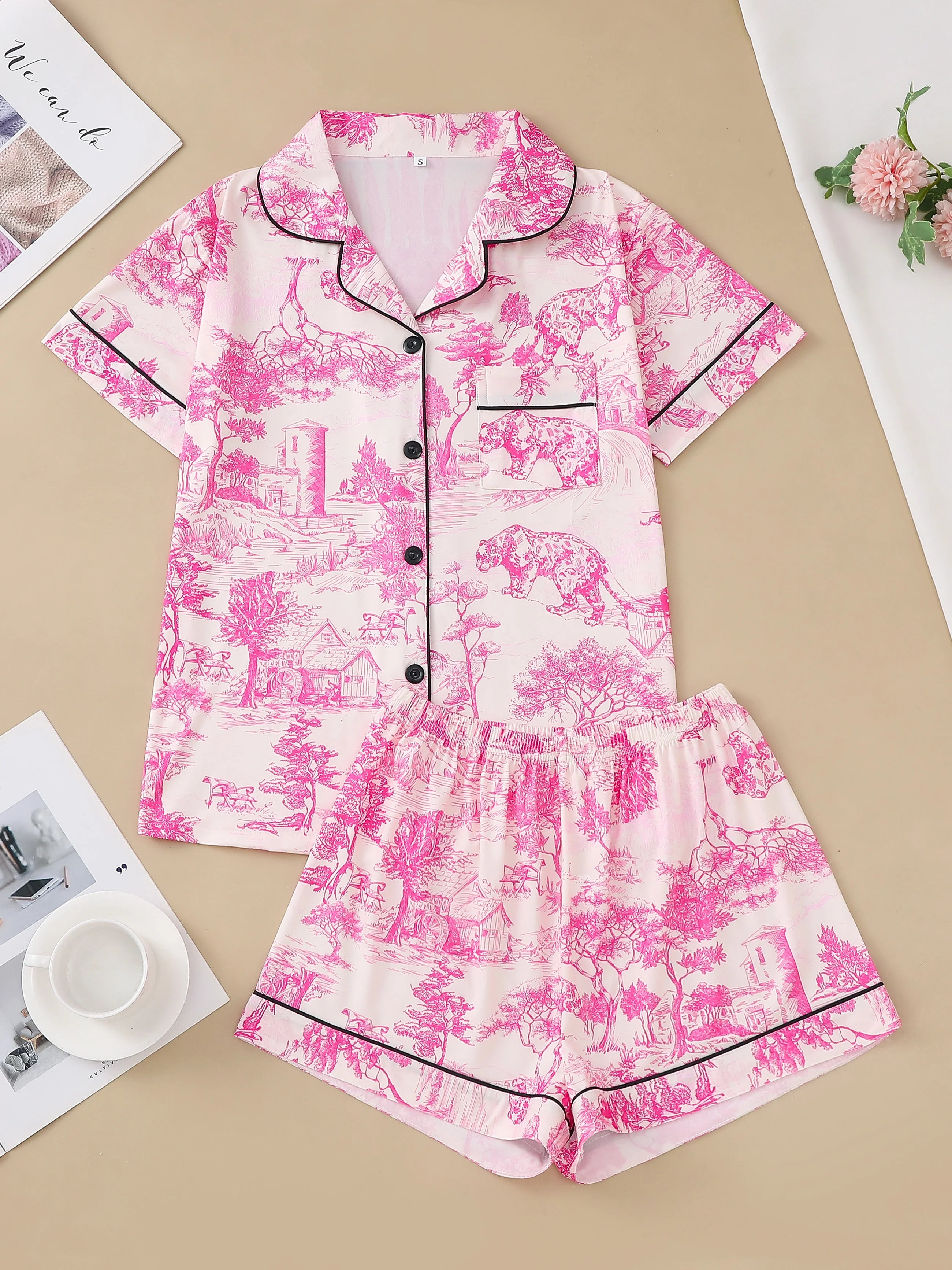 Polyester Pajama Set – Printed, Short Sleeve & Shorts