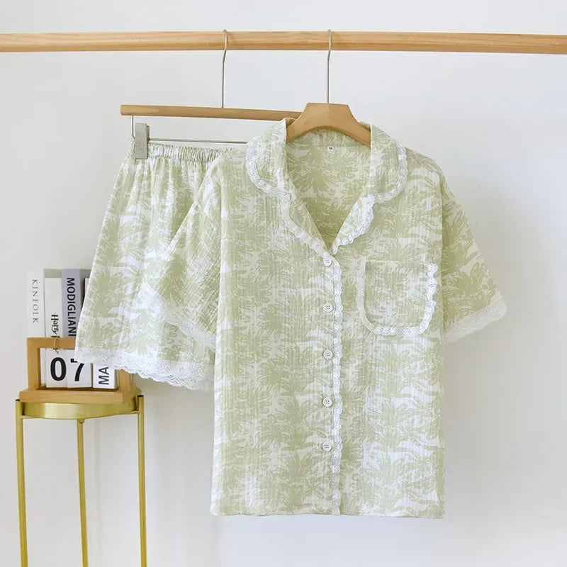 Cotton Pajama Set – Green Print, Short Sleeve & Shorts