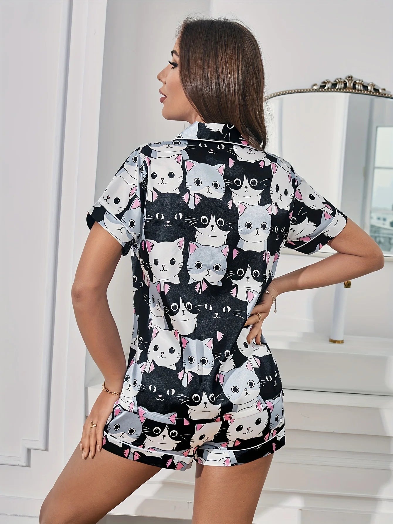 Satin Pajama Set – Cat Print, Short Sleeve & Shorts