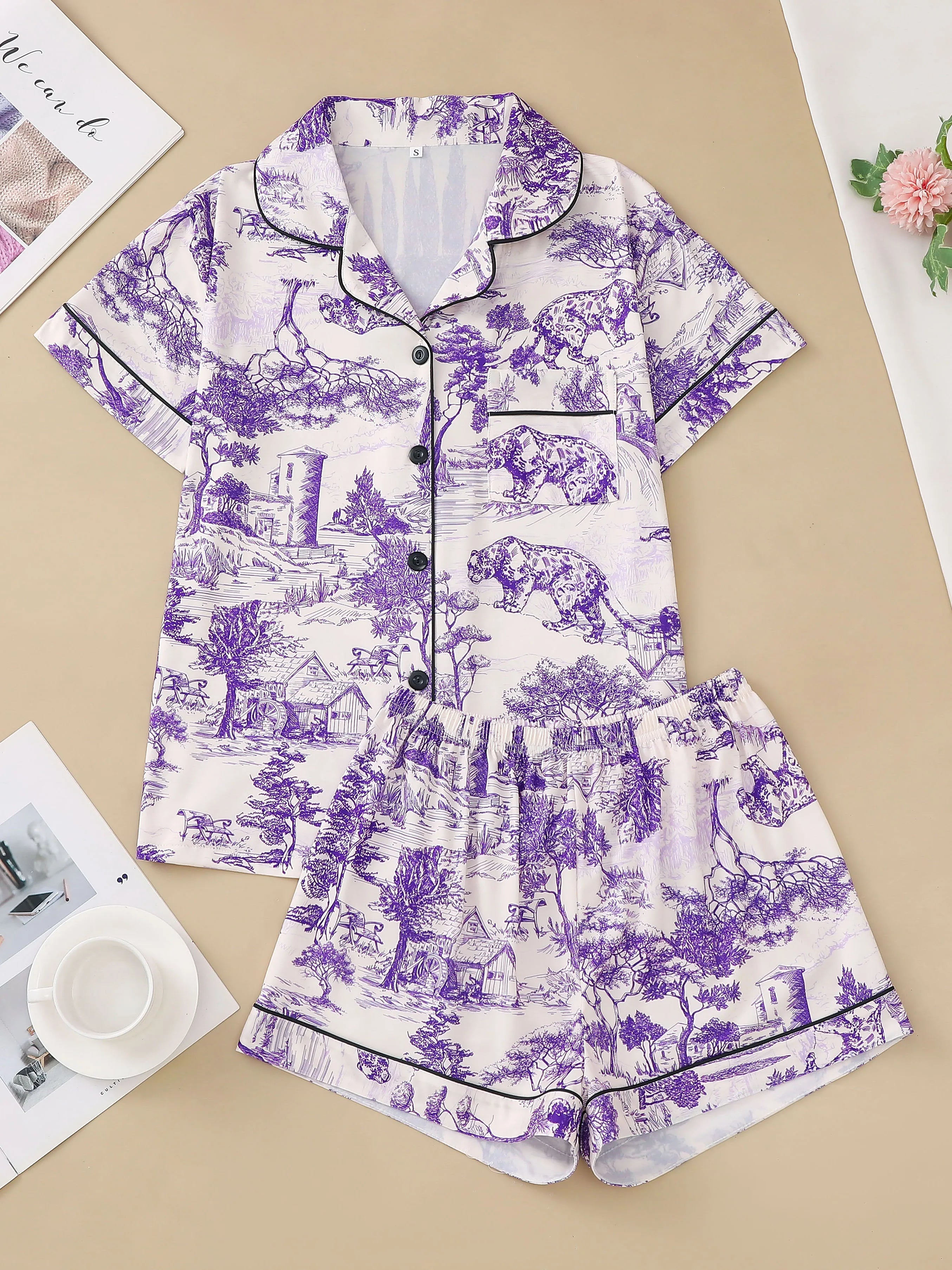 Polyester Pajama Set – Printed, Short Sleeve & Shorts