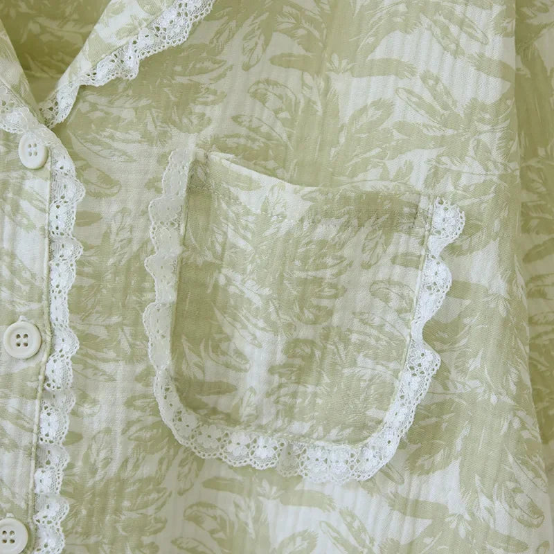Cotton Pajama Set – Green Print, Short Sleeve & Shorts