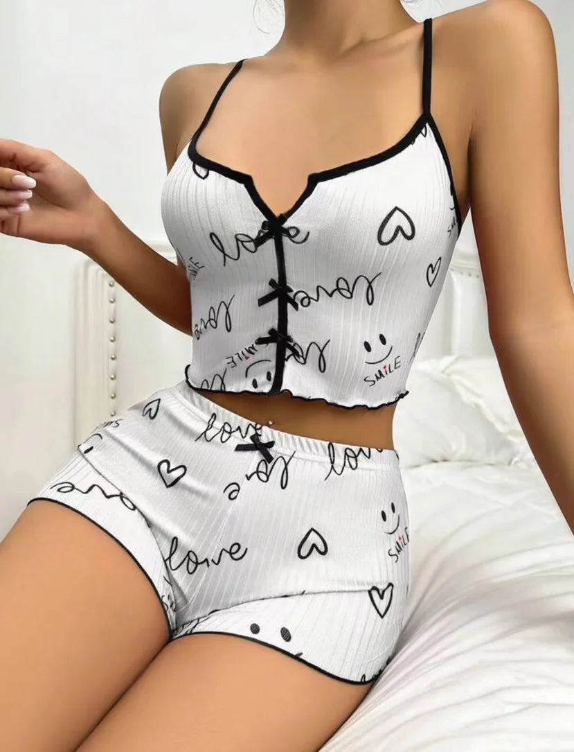 Heart Print Pajama Set – Spaghetti Strap & Shorts