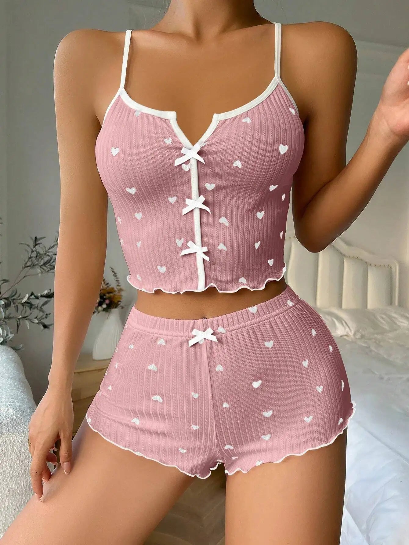 Heart Print Pajama Set – Spaghetti Strap & Shorts