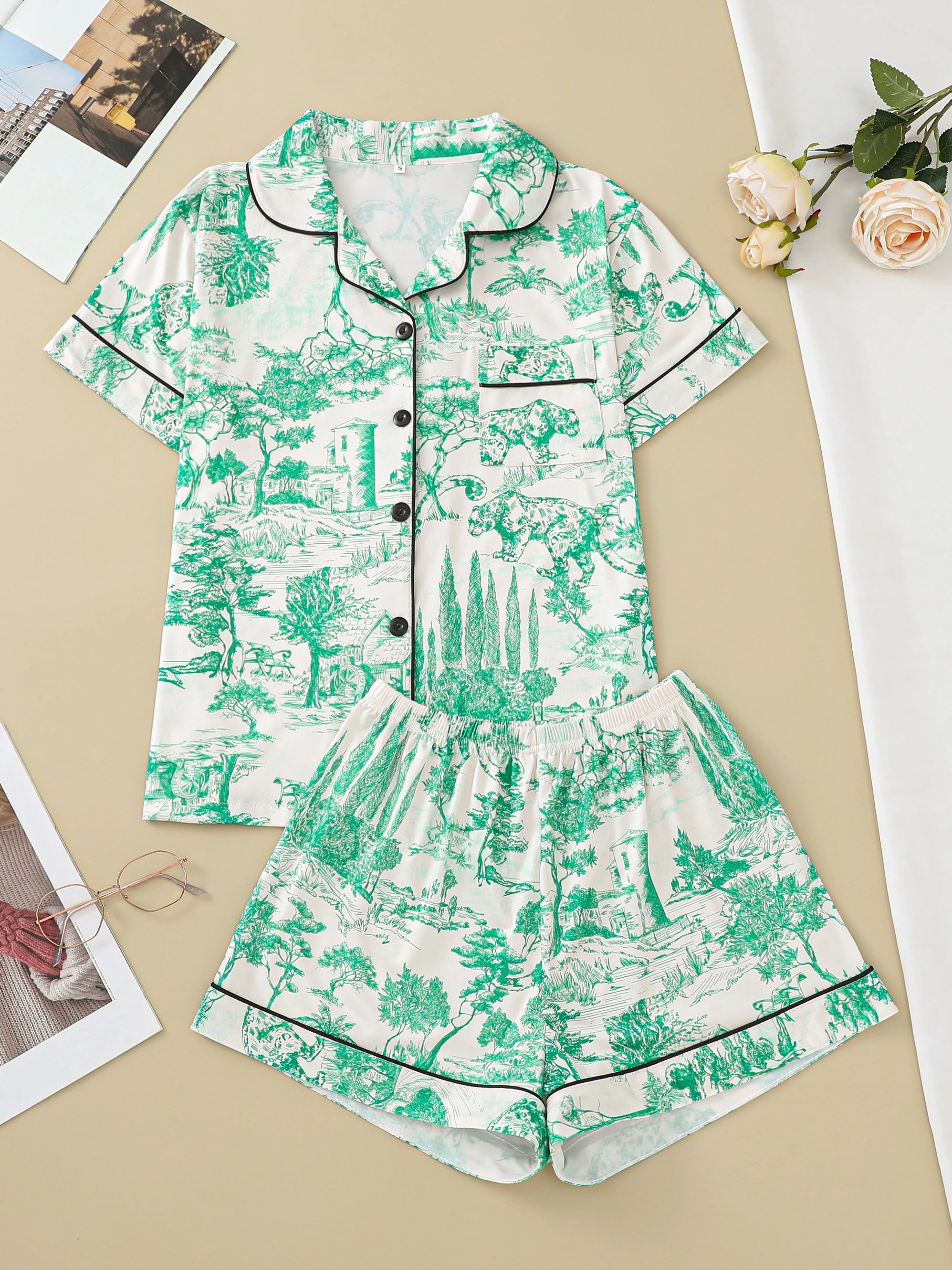 Polyester Pajama Set – Printed, Short Sleeve & Shorts