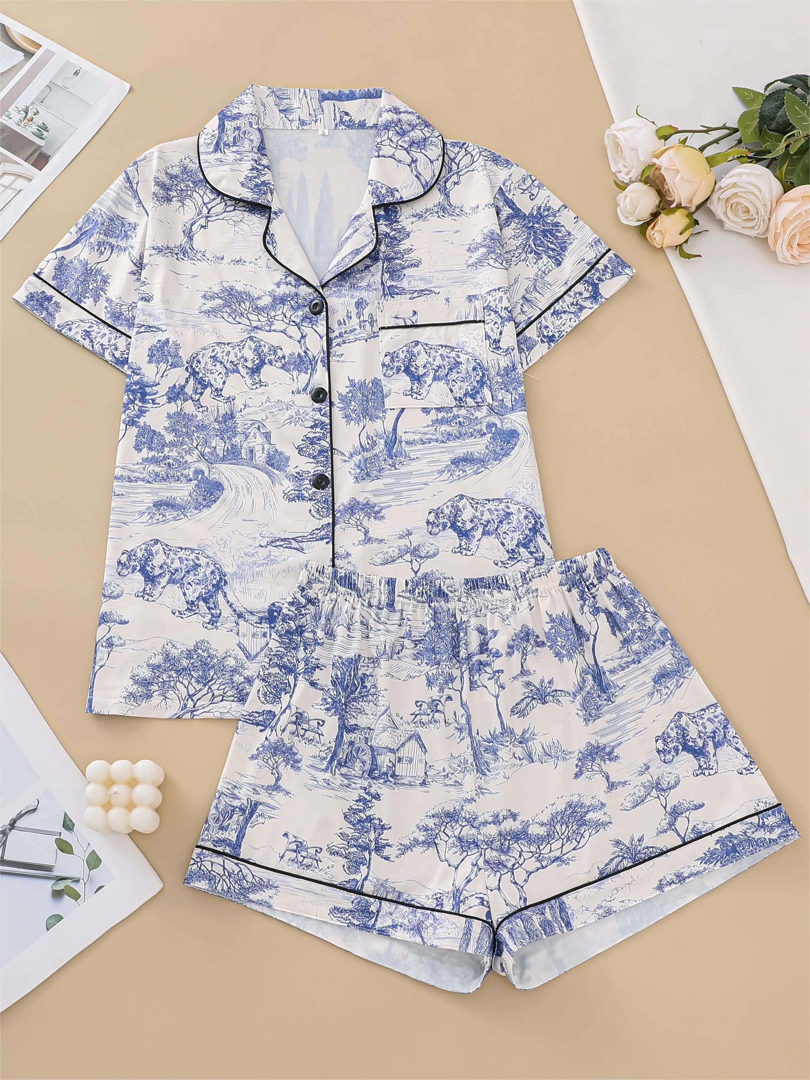 Polyester Pajama Set – Printed, Short Sleeve & Shorts