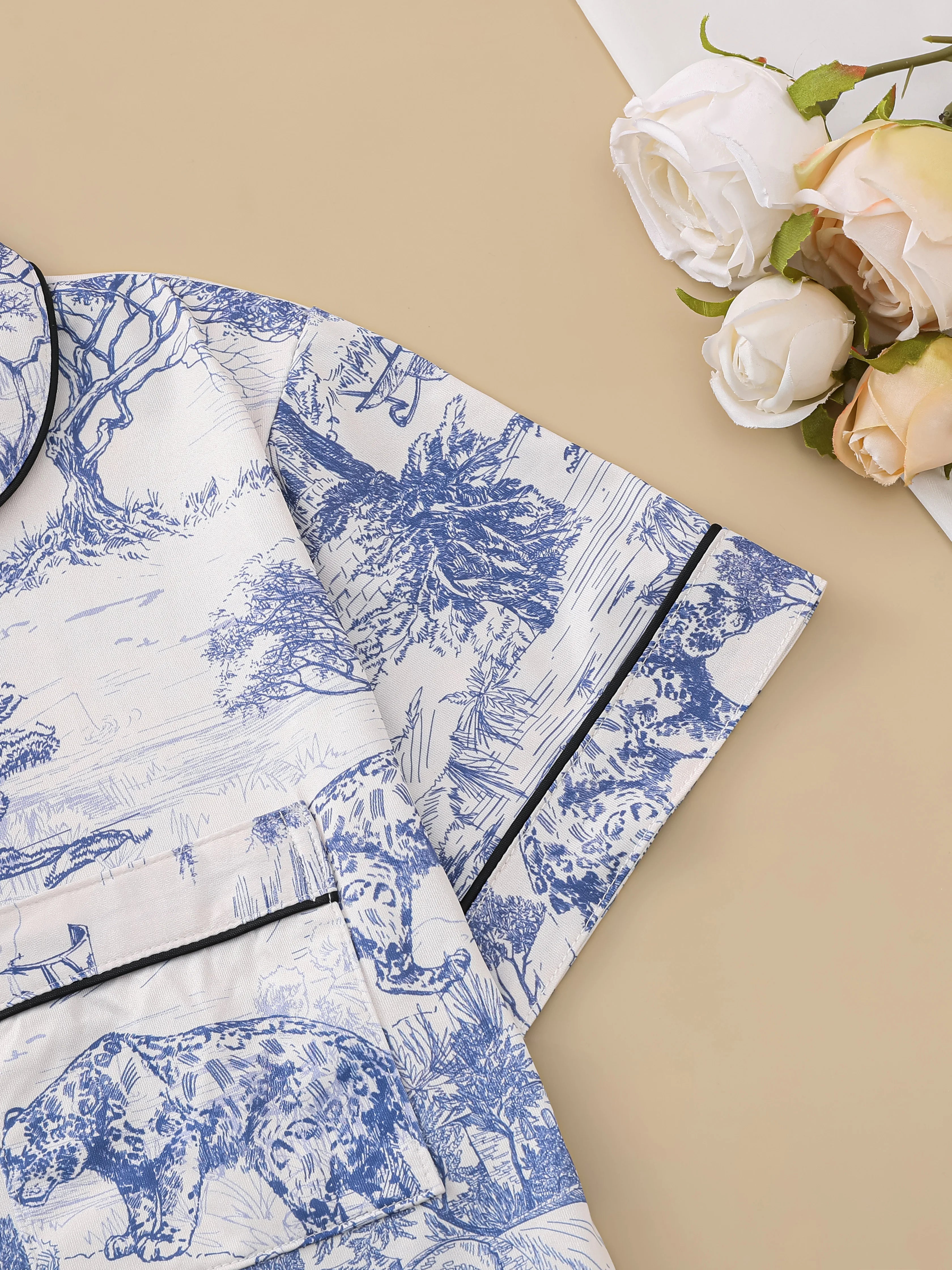 Polyester Pajama Set – Printed, Short Sleeve & Shorts