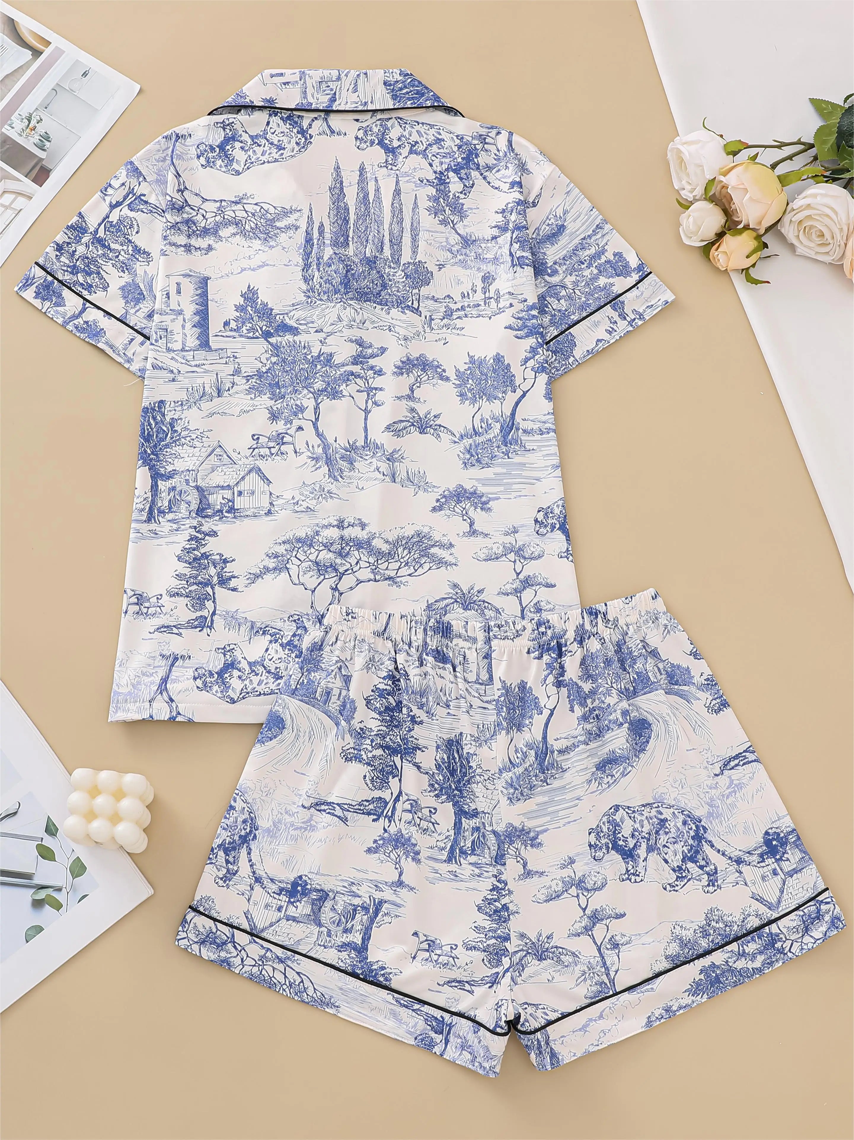 Polyester Pajama Set – Printed, Short Sleeve & Shorts