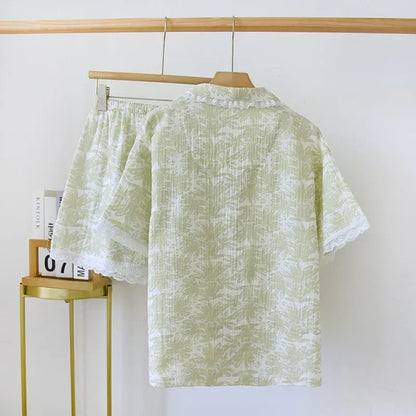 Cotton Pajama Set – Green Print, Short Sleeve & Shorts