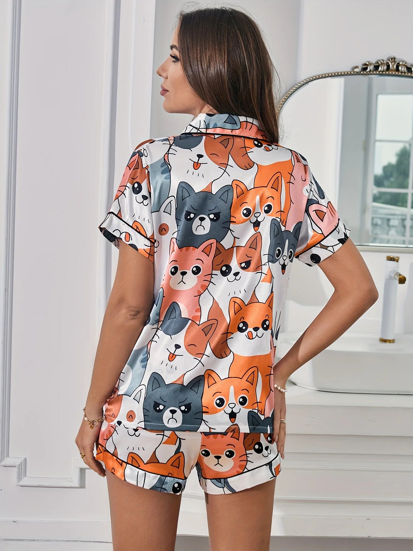 Satin Pajama Set – Cat & Puppy Print, 2-Piece