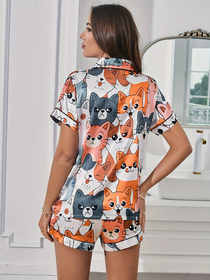Satin Pajama Set – Cat & Puppy Print, 2-Piece