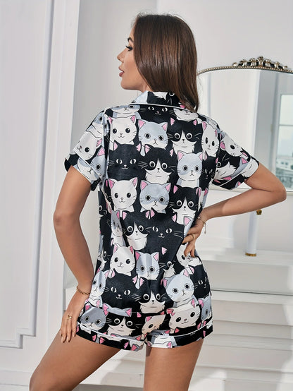 Satin Pajama Set – Cat Print, Short Sleeve & Shorts