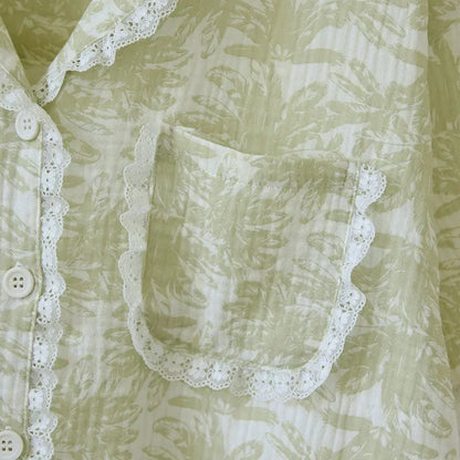 Cotton Pajama Set – Green Print, Short Sleeve & Shorts