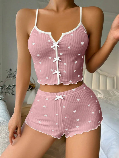 Heart Print Pajama Set – Spaghetti Strap & Shorts
